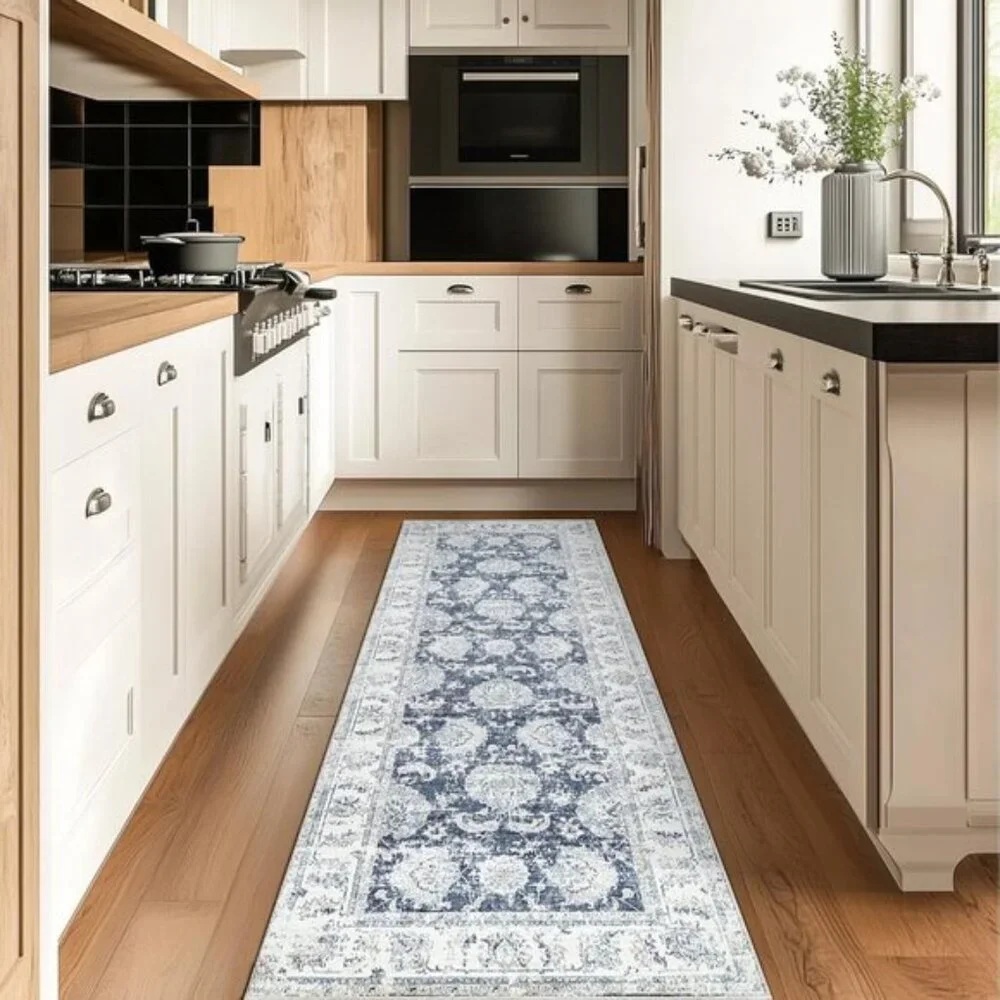 New 2x10 Dark Blue Runner Rug, Washable Vintage Floral Hallway & Kitchen Carpet